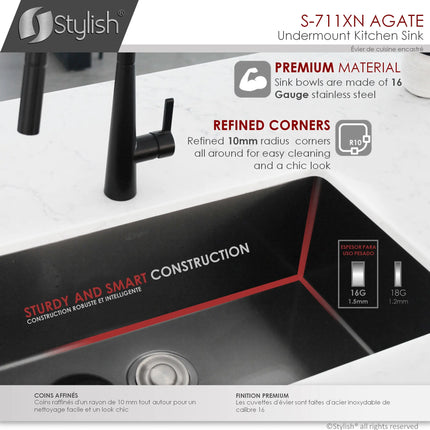 STYLISH 30 inch Graphite Single Bowl Undermount Stainless Steel Kitchen Sink S-711XN - Plumbing Market