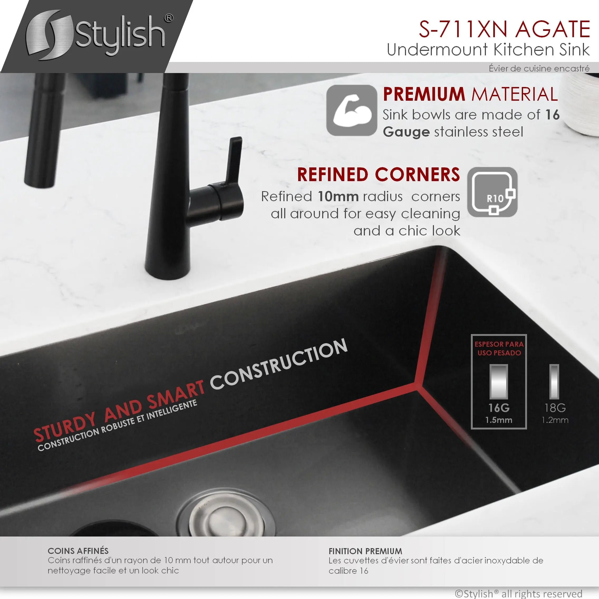 STYLISH 30 inch Graphite Single Bowl Undermount Stainless Steel Kitchen Sink S-711XN - Plumbing Market