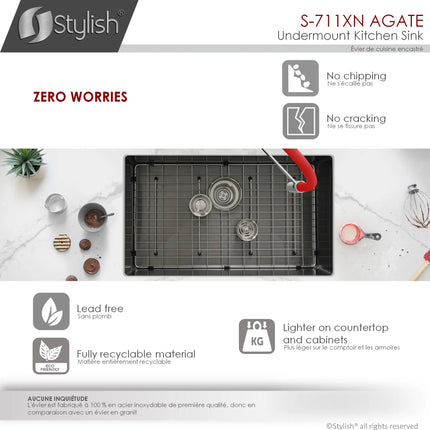 STYLISH 30 inch Graphite Single Bowl Undermount Stainless Steel Kitchen Sink S-711XN - Plumbing Market