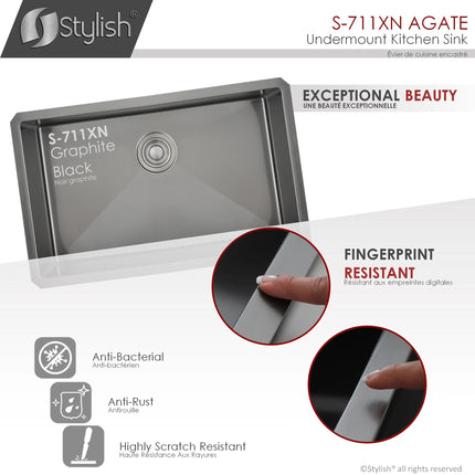 STYLISH 30 inch Graphite Single Bowl Undermount Stainless Steel Kitchen Sink S-711XN - Plumbing Market