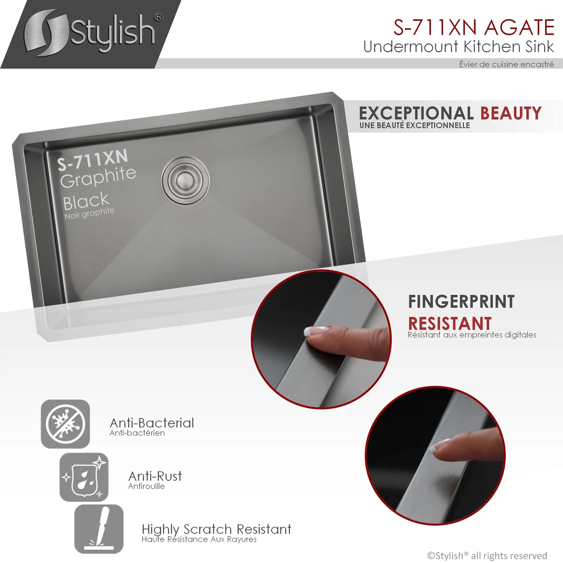 STYLISH 30 inch Graphite Single Bowl Undermount Stainless Steel Kitchen Sink S-711XN - Plumbing Market