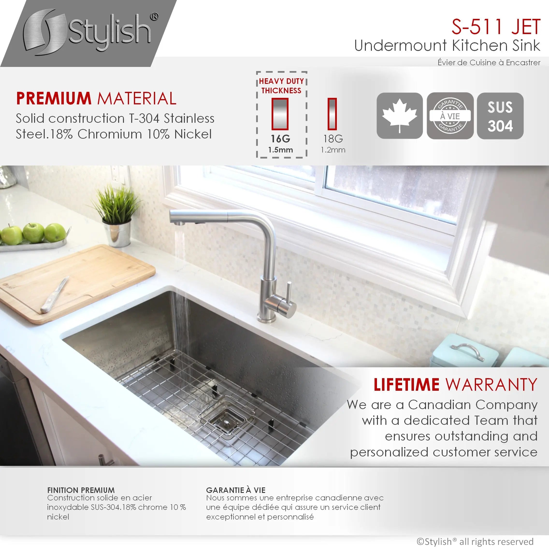 STYLISH 30 inch Single Bowl Stainless Steel Kitchen Sink  with Square Strainer S-511XG - Plumbing Market