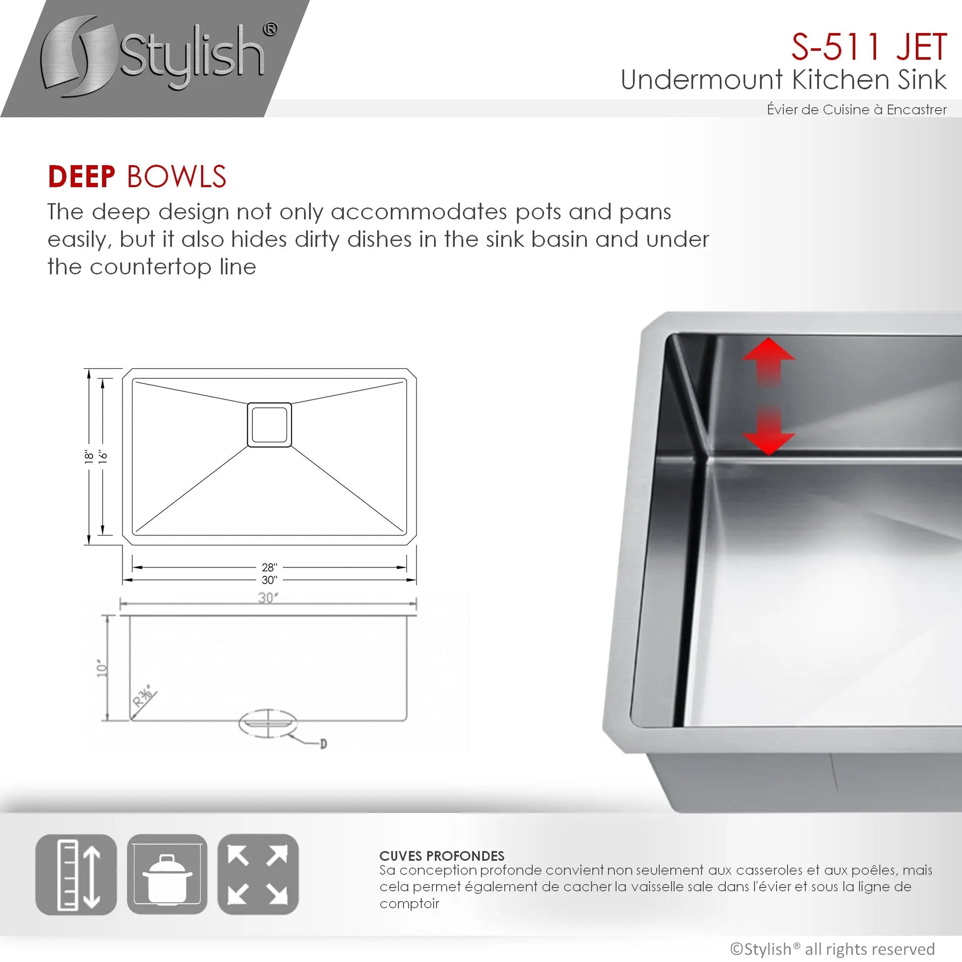STYLISH 30 inch Single Bowl Stainless Steel Kitchen Sink  with Square Strainer S-511XG - Plumbing Market