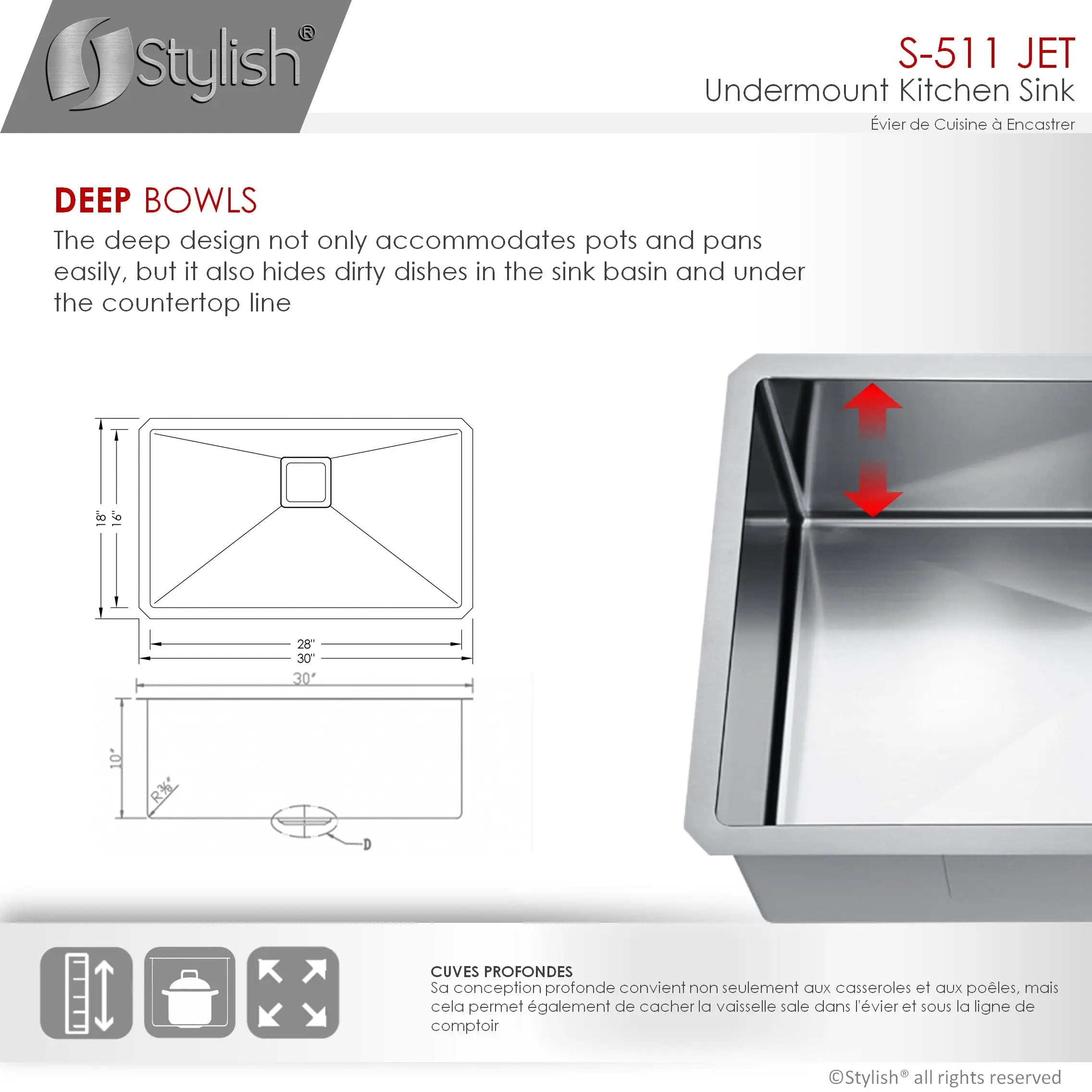 STYLISH 30 inch Single Bowl Stainless Steel Kitchen Sink  with Square Strainer S-511XG - Plumbing Market