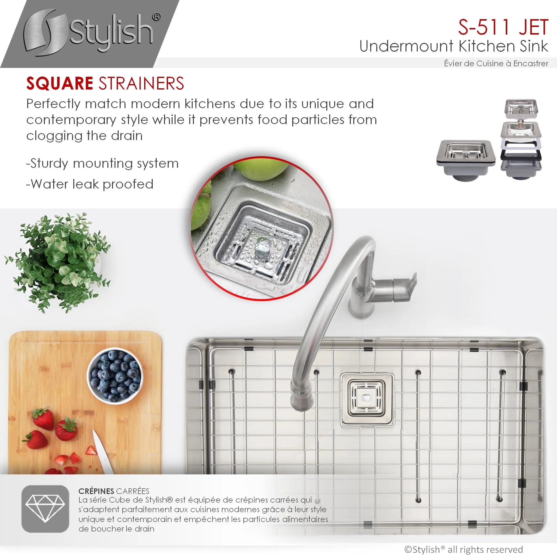 STYLISH 30 inch Single Bowl Stainless Steel Kitchen Sink  with Square Strainer S-511XG - Plumbing Market