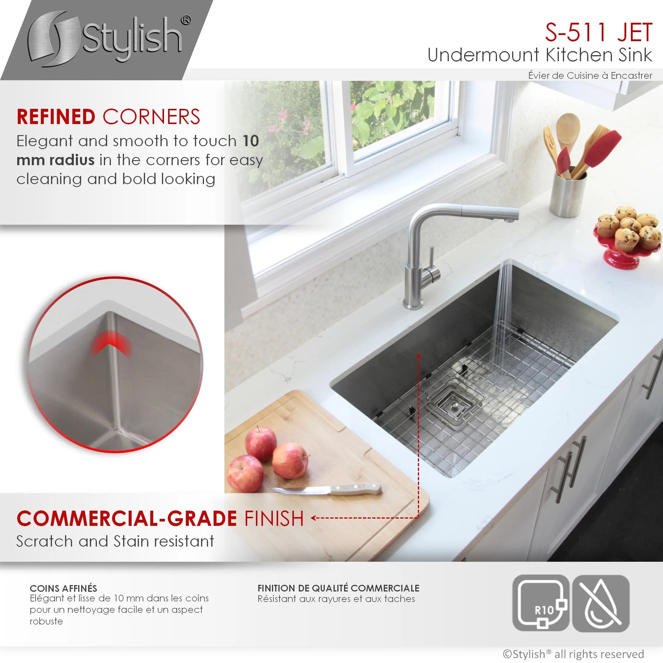 STYLISH 30 inch Single Bowl Stainless Steel Kitchen Sink  with Square Strainer S-511XG - Plumbing Market