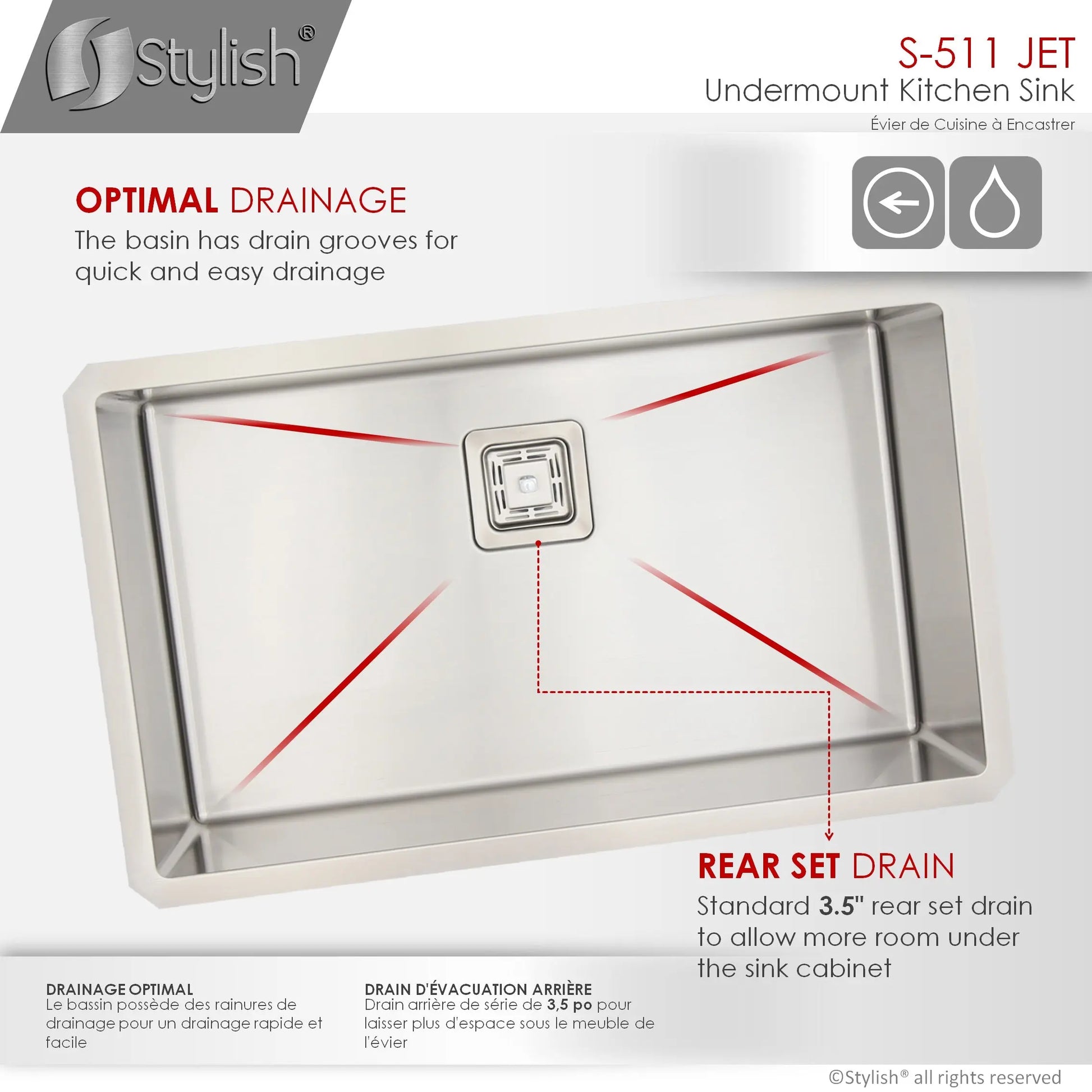STYLISH 30 inch Single Bowl Stainless Steel Kitchen Sink  with Square Strainer S-511XG - Plumbing Market