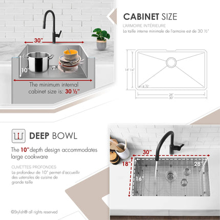 STYLISH 30 inch Single Bowl Undermount Stainless Steel Kitchen Sink S-311XG - Plumbing Market