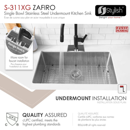 STYLISH 30 inch Single Bowl Undermount Stainless Steel Kitchen Sink S-311XG - Plumbing Market