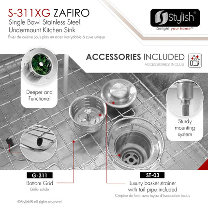 STYLISH 30 inch Single Bowl Undermount Stainless Steel Kitchen Sink S-311XG - Plumbing Market