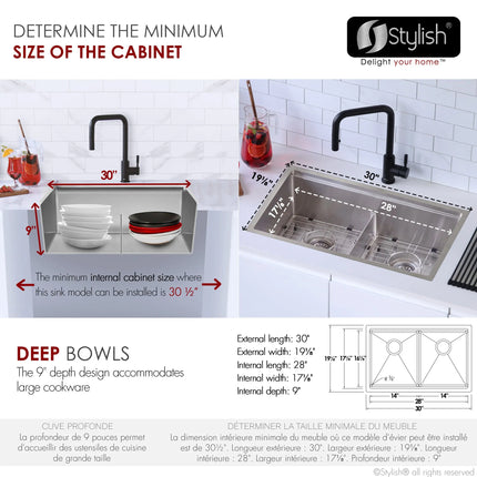 STYLISH 30 inch Workstation Double Bowl Undermount and Drop-in 16 Gauge Stainless Steel Kitchen Sink with Built in Accessories S-230W - Plumbing Market