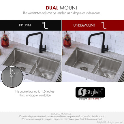 STYLISH 30 inch Workstation Double Bowl Undermount and Drop-in 16 Gauge Stainless Steel Kitchen Sink with Built in Accessories S-230W - Plumbing Market