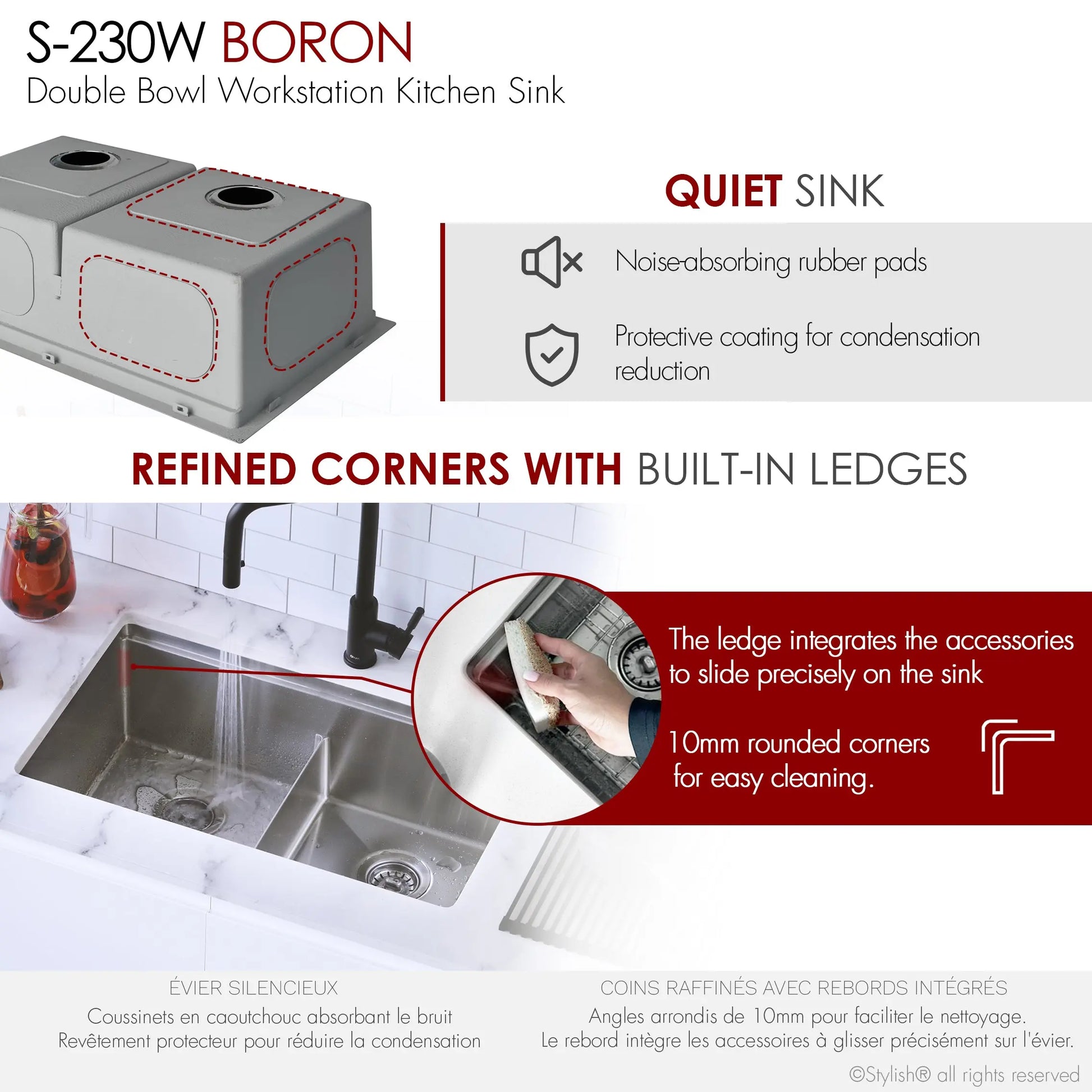 STYLISH 30 inch Workstation Double Bowl Undermount and Drop-in 16 Gauge Stainless Steel Kitchen Sink with Built in Accessories S-230W - Plumbing Market