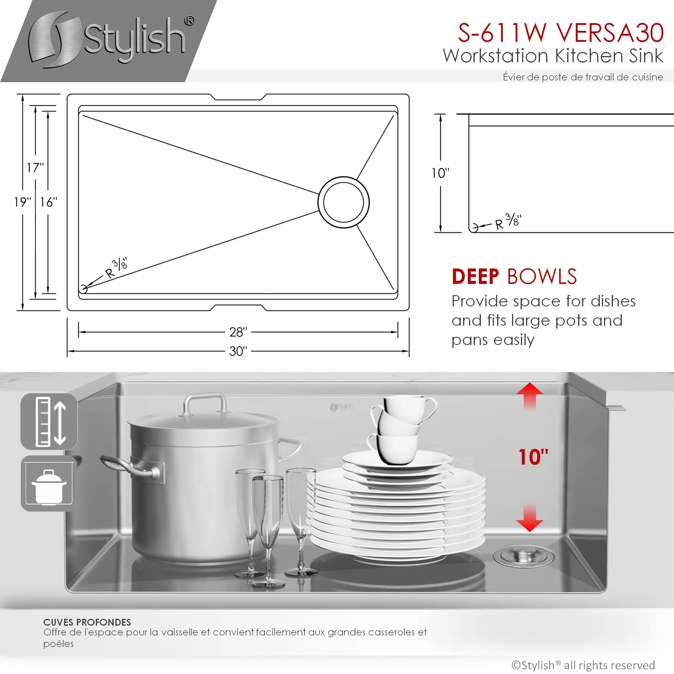 STYLISH 30 inch Workstation Single Bowl Undermount 16 Gauge Stainless Steel Kitchen Sink with Built in Accessories S-611W - Plumbing Market