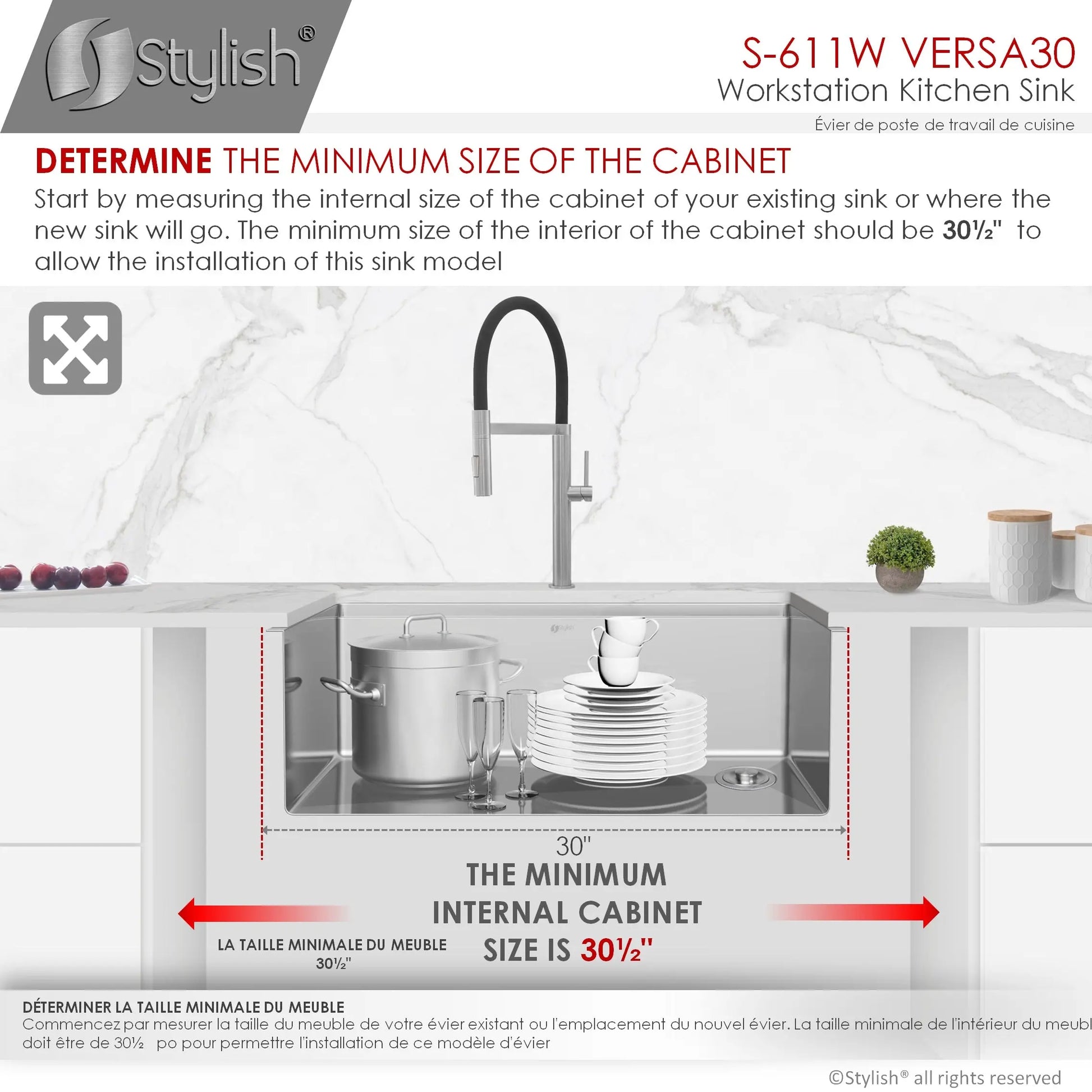 STYLISH 30 inch Workstation Single Bowl Undermount 16 Gauge Stainless Steel Kitchen Sink with Built in Accessories S-611W - Plumbing Market