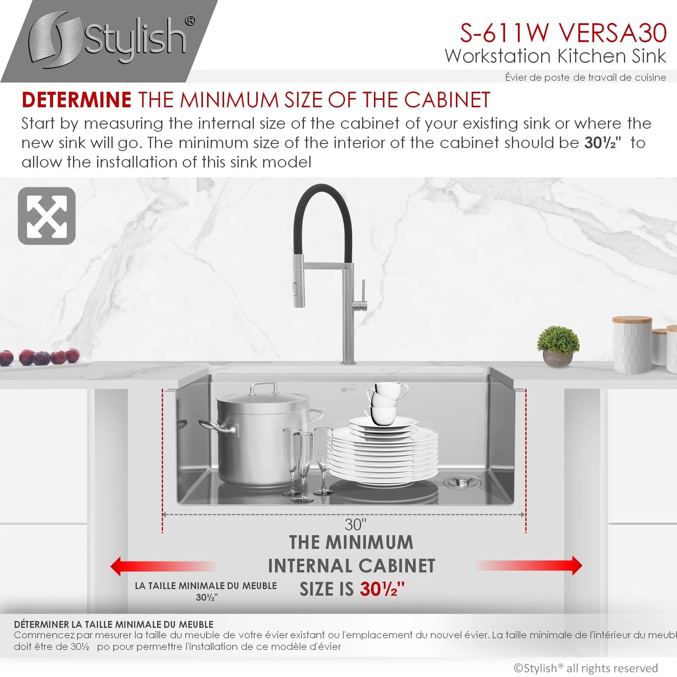 STYLISH 30 inch Workstation Single Bowl Undermount 16 Gauge Stainless Steel Kitchen Sink with Built in Accessories S-611W - Plumbing Market