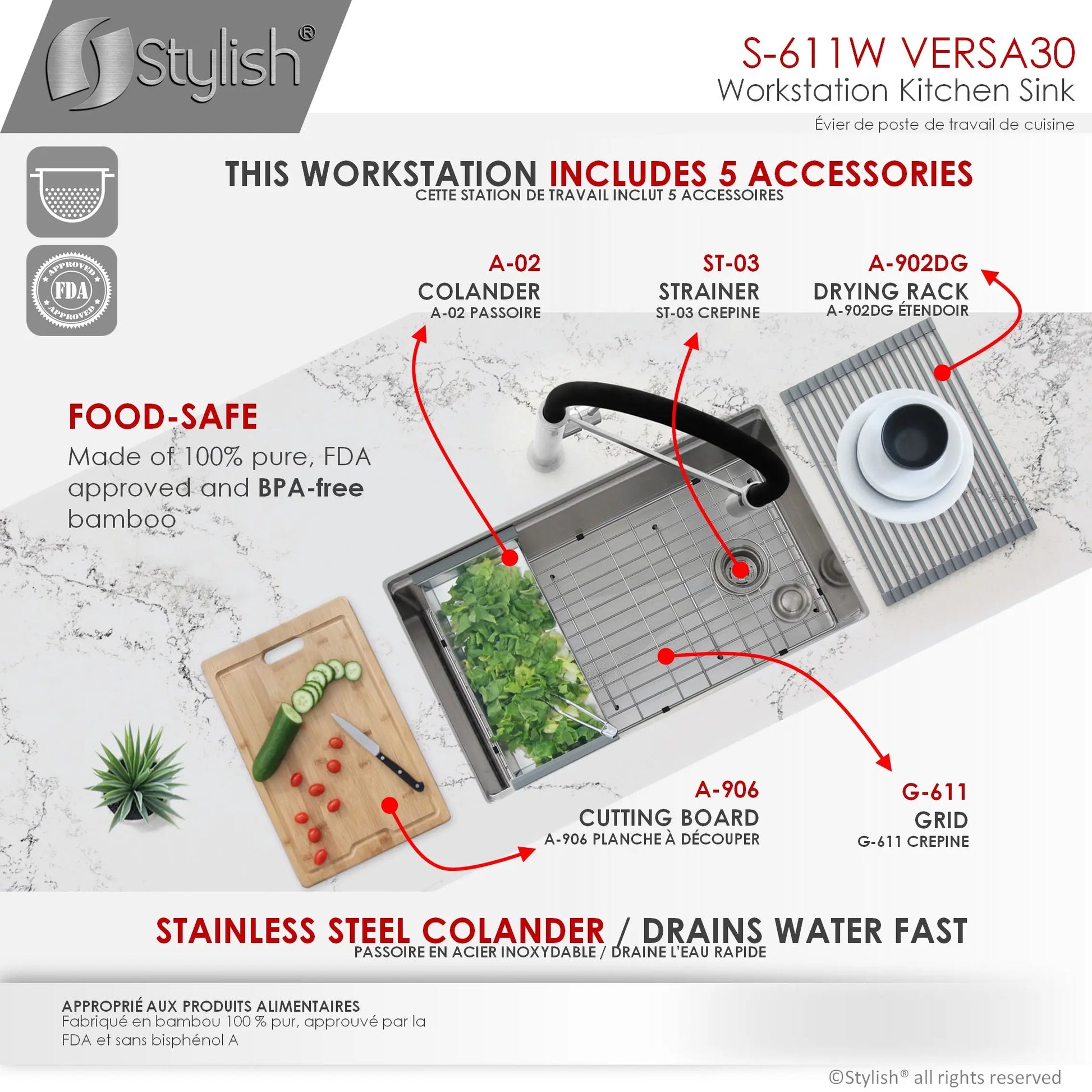STYLISH 30 inch Workstation Single Bowl Undermount 16 Gauge Stainless Steel Kitchen Sink with Built in Accessories S-611W - Plumbing Market