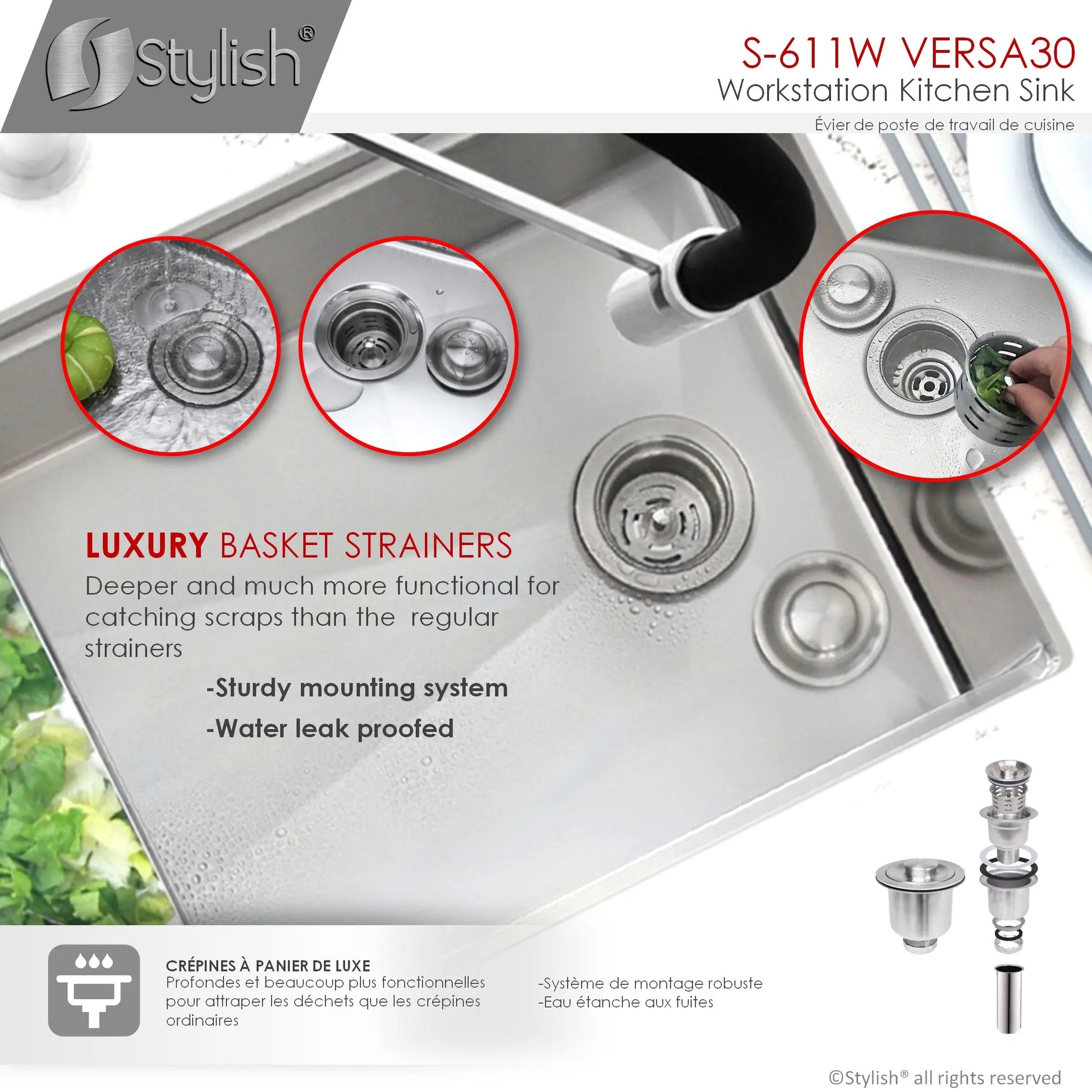 STYLISH 30 inch Workstation Single Bowl Undermount 16 Gauge Stainless Steel Kitchen Sink with Built in Accessories S-611W - Plumbing Market