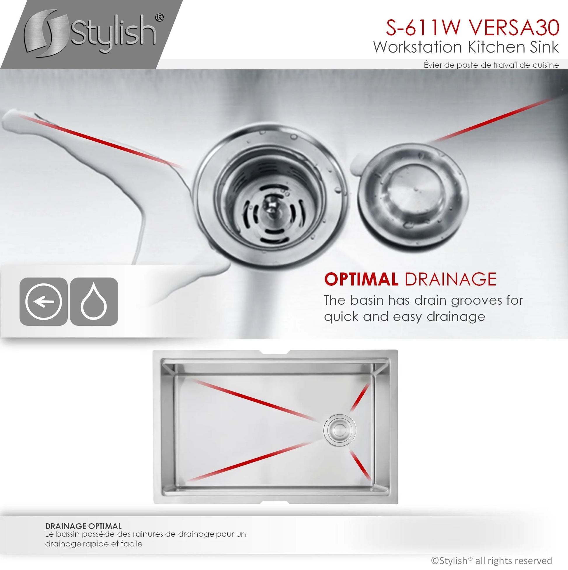 STYLISH 30 inch Workstation Single Bowl Undermount 16 Gauge Stainless Steel Kitchen Sink with Built in Accessories S-611W - Plumbing Market