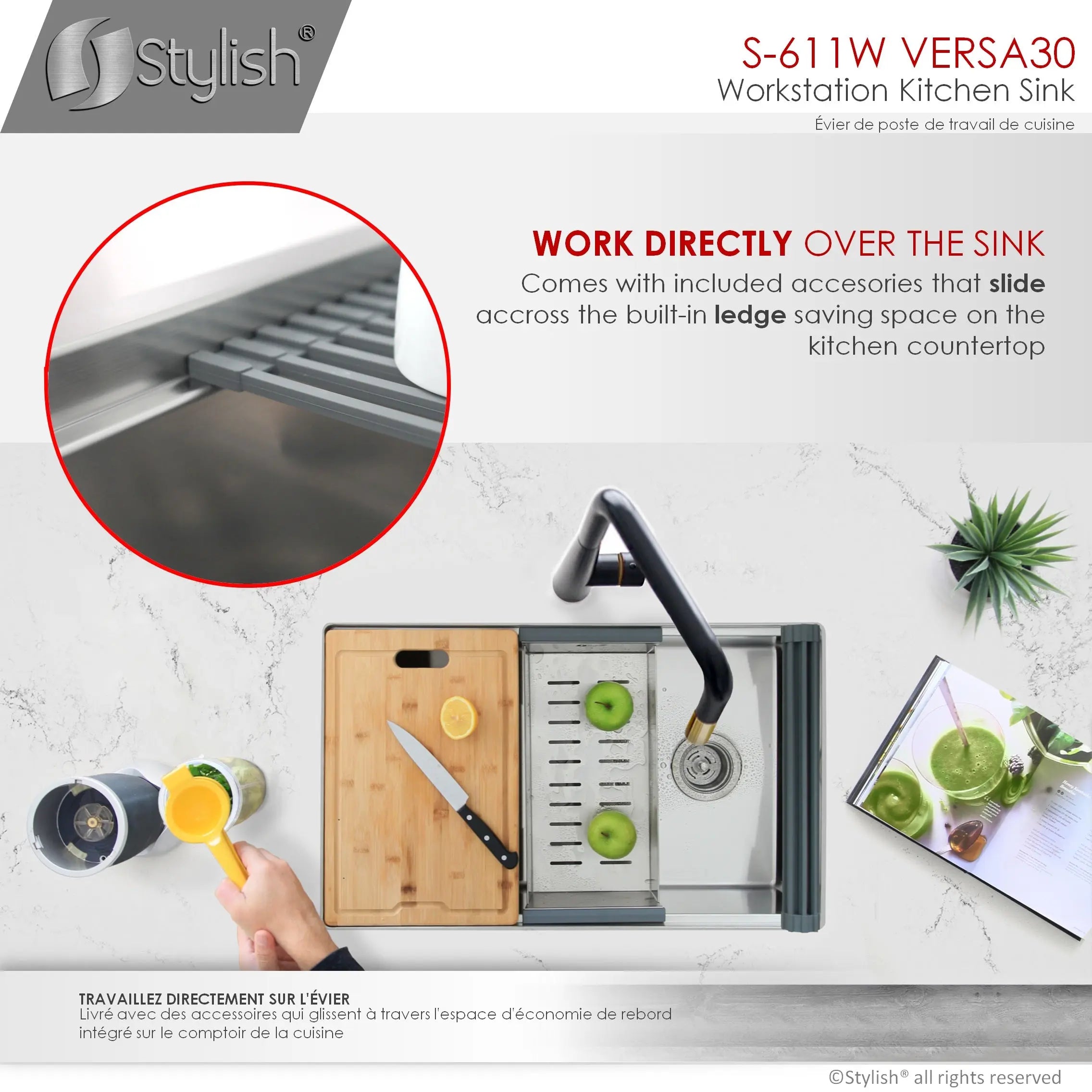 STYLISH 30 inch Workstation Single Bowl Undermount 16 Gauge Stainless Steel Kitchen Sink with Built in Accessories S-611W - Plumbing Market