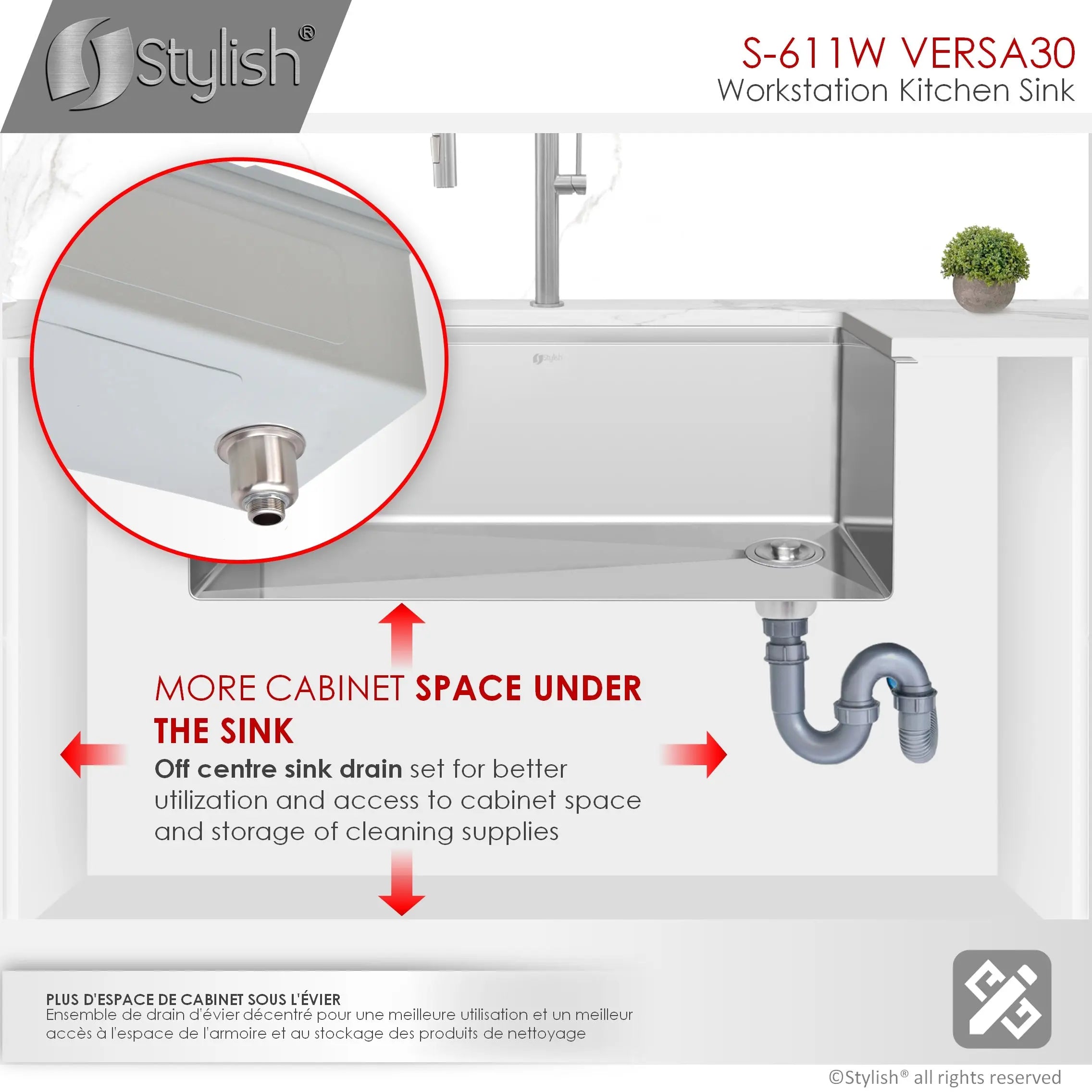 STYLISH 30 inch Workstation Single Bowl Undermount 16 Gauge Stainless Steel Kitchen Sink with Built in Accessories S-611W - Plumbing Market