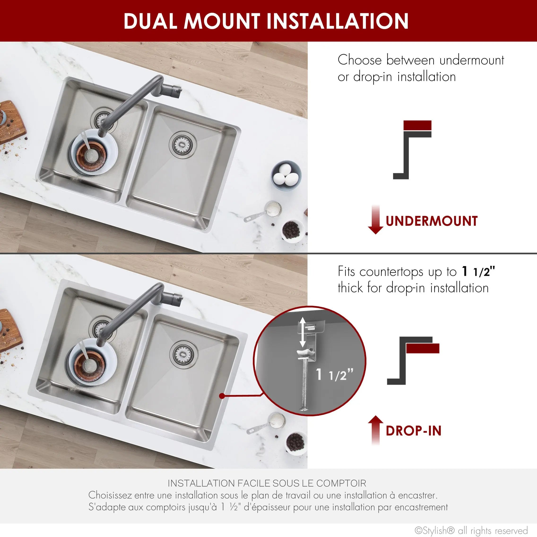 STYLISH 31 inch Double Bowl Undermount Stainless Steel Kitchen Sink S-401 - Plumbing Market