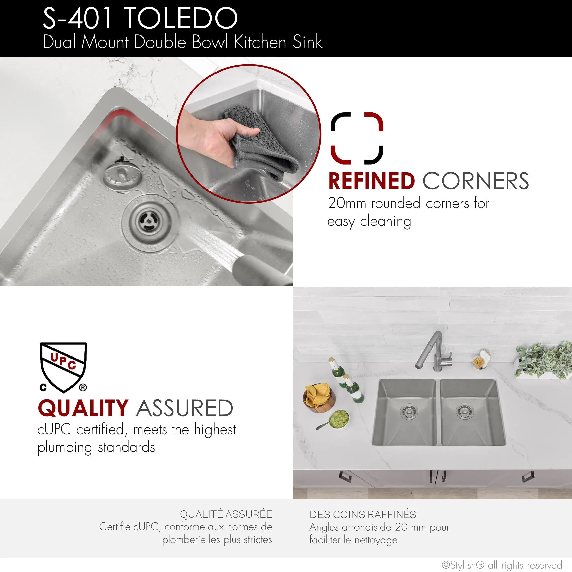 STYLISH 31 inch Double Bowl Undermount Stainless Steel Kitchen Sink S-401 - Plumbing Market