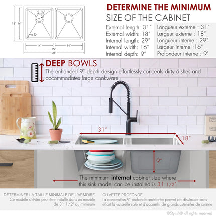 STYLISH 31 inch Double Bowl Undermount Stainless Steel Kitchen Sink S-401G - Plumbing Market