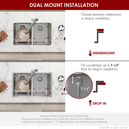 STYLISH 31 inch Double Bowl Undermount Stainless Steel Kitchen Sink S-401G - Plumbing Market