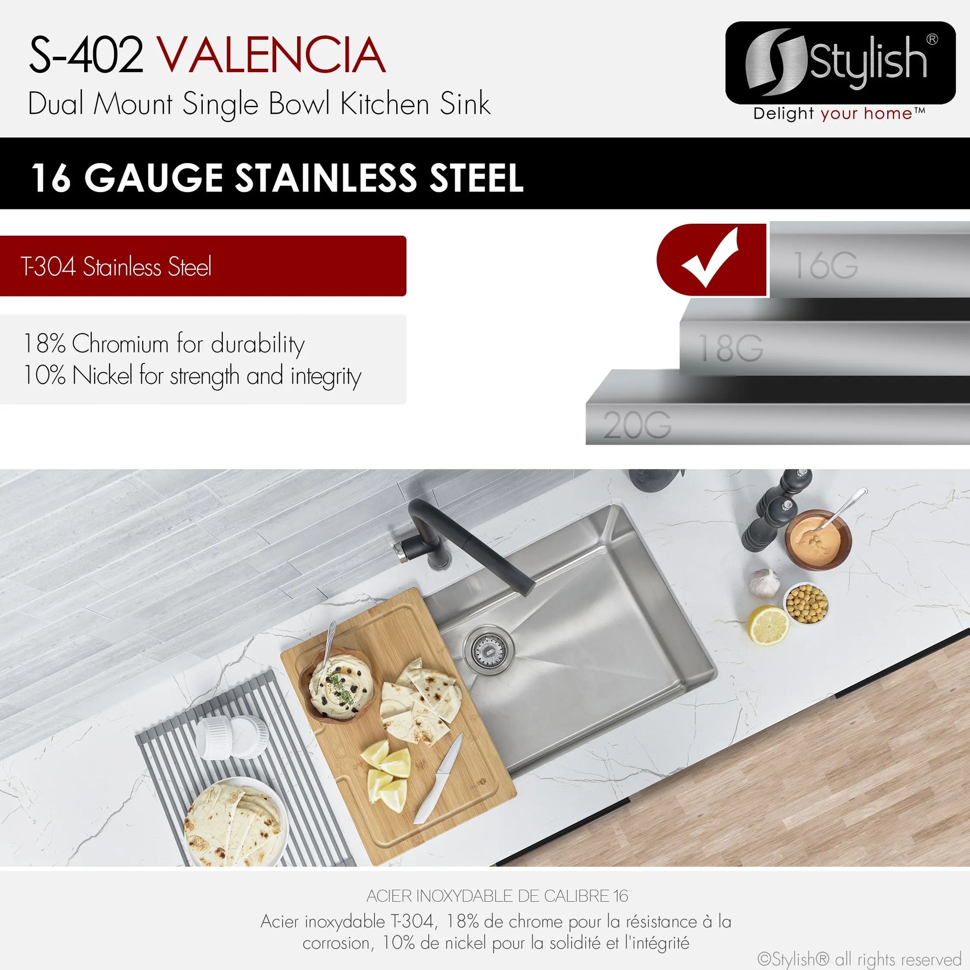 STYLISH 31 inch Single Bowl Dual mount Stainless Steel Kitchen Sink S-402 - Plumbing Market