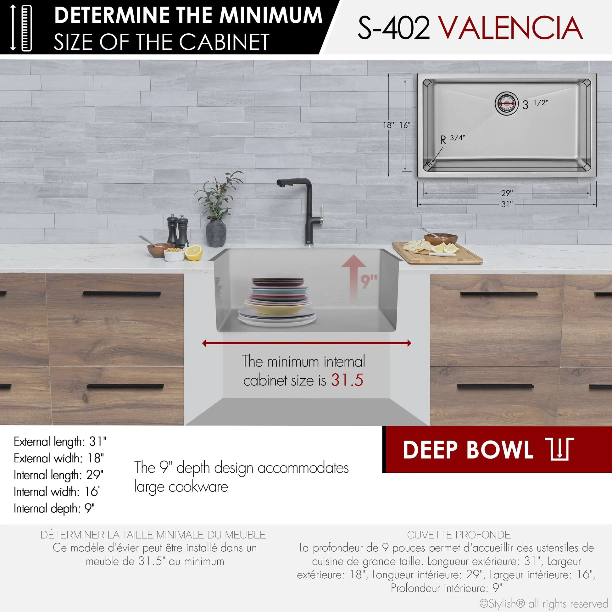STYLISH 31 inch Single Bowl Dual mount Stainless Steel Kitchen Sink S-402 - Plumbing Market