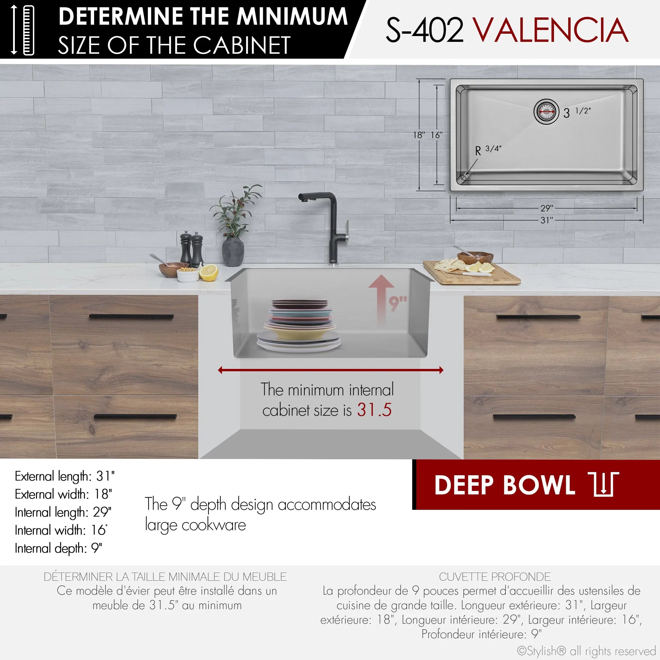 STYLISH 31 inch Single Bowl Dual mount Stainless Steel Kitchen Sink S-402 - Plumbing Market