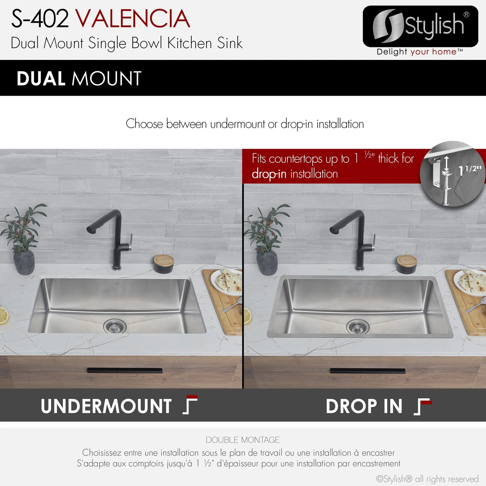 STYLISH 31 inch Single Bowl Dual mount Stainless Steel Kitchen Sink S-402 - Plumbing Market