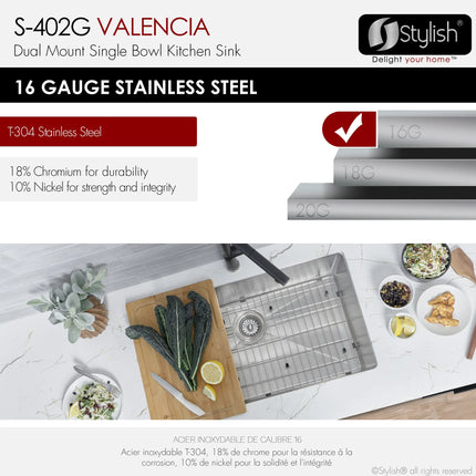 STYLISH 31 inch Single Bowl Dual mount Stainless Steel Kitchen Sink S-402G - Plumbing Market