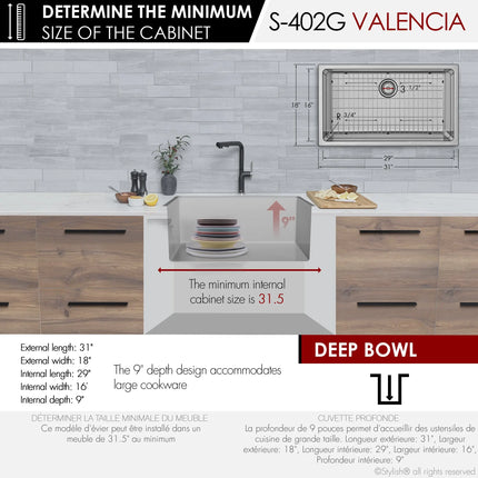 STYLISH 31 inch Single Bowl Dual mount Stainless Steel Kitchen Sink S-402G - Plumbing Market