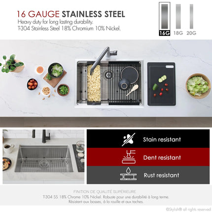 STYLISH 31 inch Workstation Single Bowl Undermount and Drop-in 16 Gauge Stainless Steel Kitchen Sink with Built in Accessories S-131W - Plumbing Market