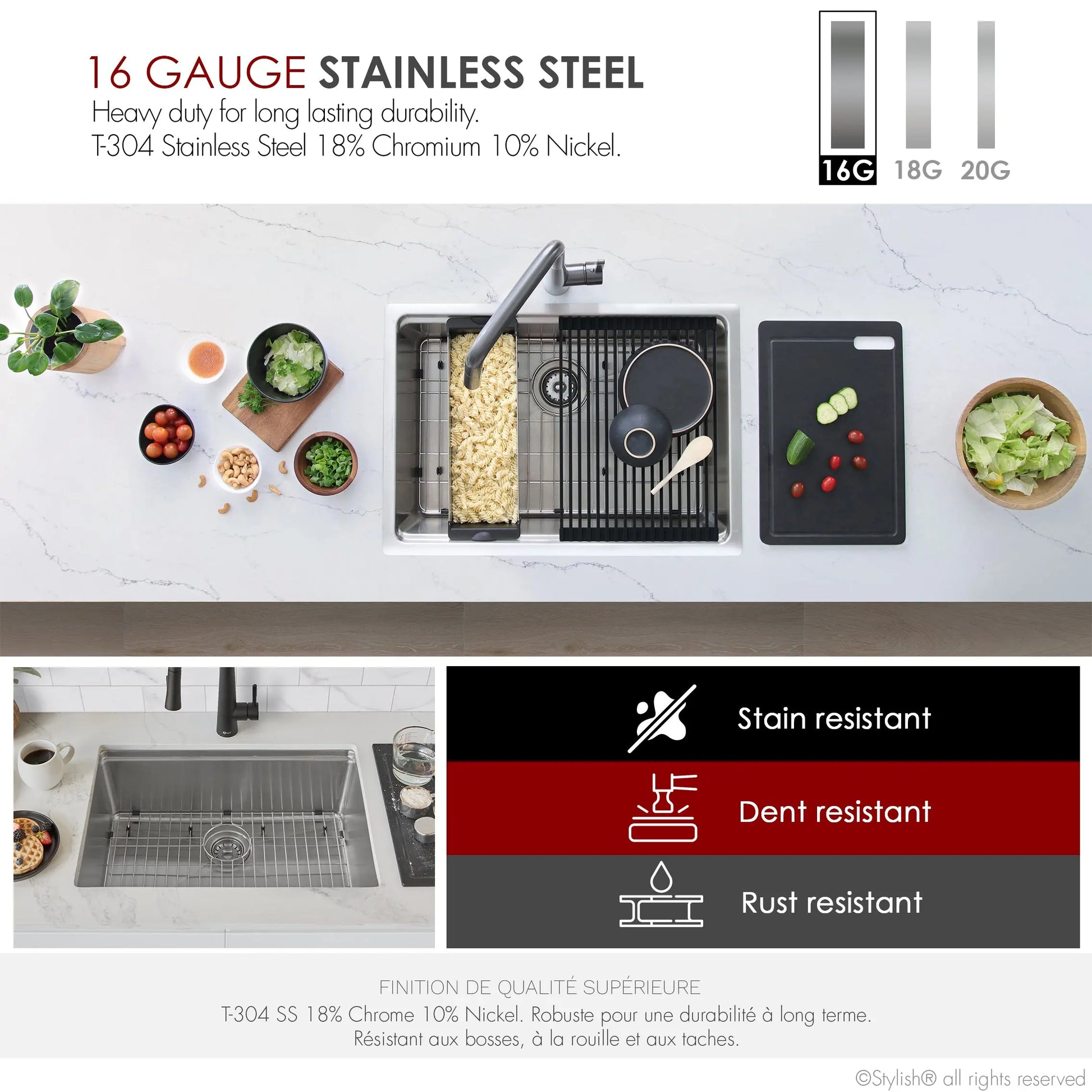 STYLISH 31 inch Workstation Single Bowl Undermount and Drop-in 16 Gauge Stainless Steel Kitchen Sink with Built in Accessories S-131W - Plumbing Market