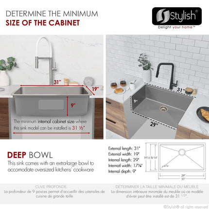 STYLISH 31 inch Workstation Single Bowl Undermount and Drop-in 16 Gauge Stainless Steel Kitchen Sink with Built in Accessories S-131W - Plumbing Market