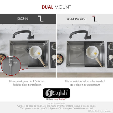 STYLISH 31 inch Workstation Single Bowl Undermount and Drop-in 16 Gauge Stainless Steel Kitchen Sink with Built in Accessories S-131W - Plumbing Market