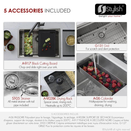 STYLISH 31 inch Workstation Single Bowl Undermount and Drop-in 16 Gauge Stainless Steel Kitchen Sink with Built in Accessories S-131W - Plumbing Market