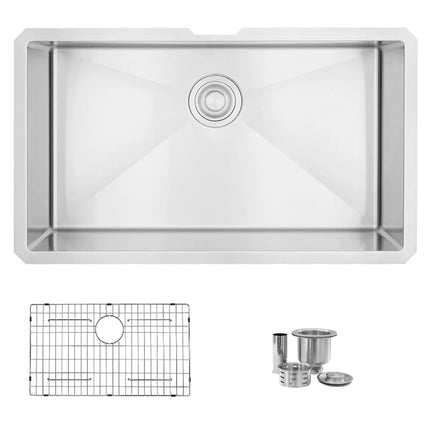 STYLISH 32 Inch Single Bowl Undermount 16G Stainless Steel Kitchen Sink with Grid and Strainer S-323XG - Plumbing Market