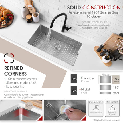 STYLISH 32 Inch Single Bowl Undermount 16G Stainless Steel Kitchen Sink with Grid and Strainer S-323XG - Plumbing Market