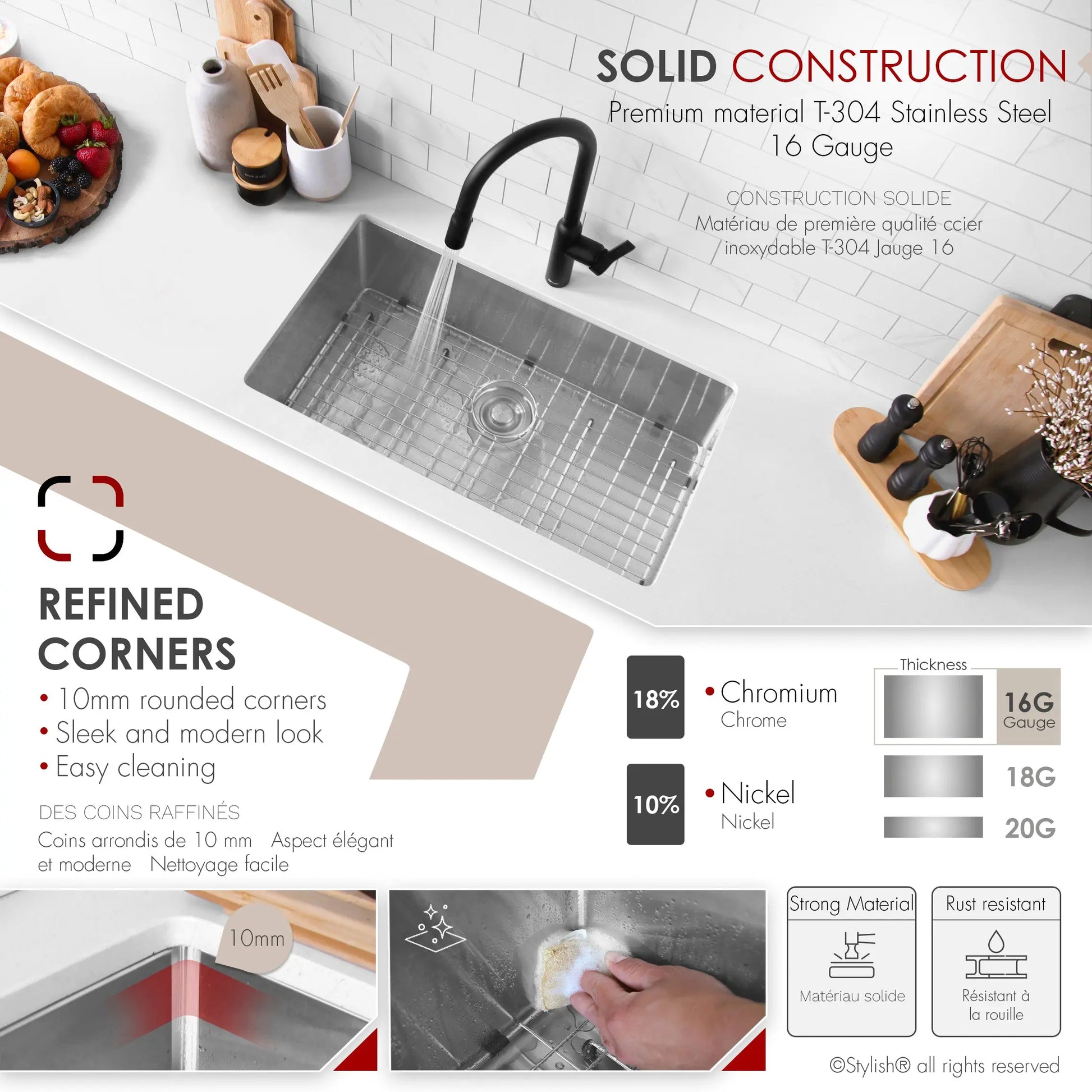 STYLISH 32 Inch Single Bowl Undermount 16G Stainless Steel Kitchen Sink with Grid and Strainer S-323XG - Plumbing Market
