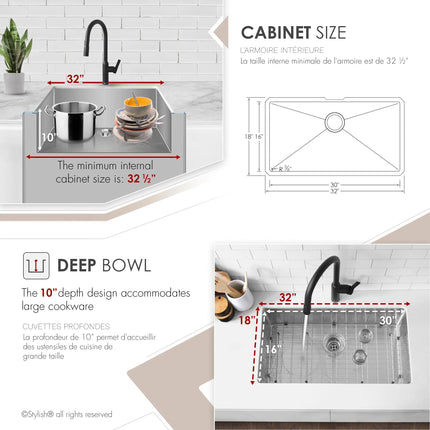 STYLISH 32 Inch Single Bowl Undermount 16G Stainless Steel Kitchen Sink with Grid and Strainer S-323XG - Plumbing Market