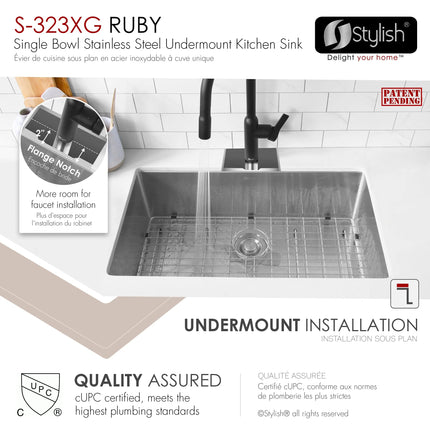 STYLISH 32 Inch Single Bowl Undermount 16G Stainless Steel Kitchen Sink with Grid and Strainer S-323XG - Plumbing Market