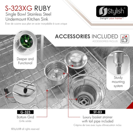 STYLISH 32 Inch Single Bowl Undermount 16G Stainless Steel Kitchen Sink with Grid and Strainer S-323XG - Plumbing Market
