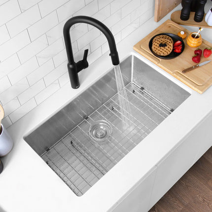 STYLISH 32 Inch Single Bowl Undermount 16G Stainless Steel Kitchen Sink with Grid and Strainer S-323XG - Plumbing Market