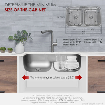 STYLISH 32 Low Divider Double Undermount and Drop-in Kitchen Sink S-202XTG - Plumbing Market