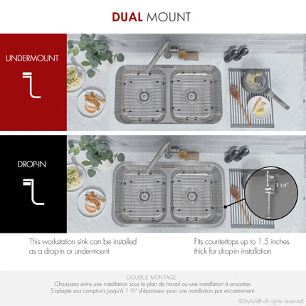 STYLISH 32 Low Divider Double Undermount and Drop-in Kitchen Sink S-202XTG - Plumbing Market