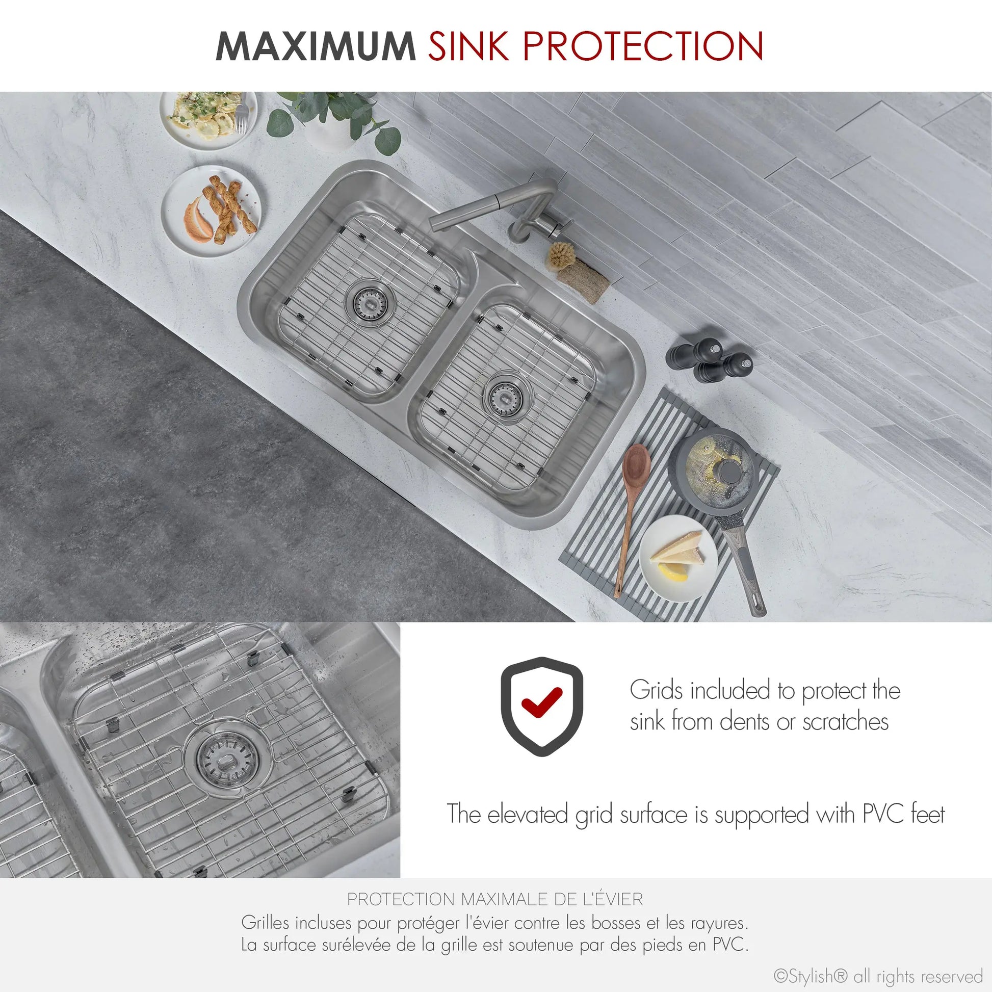 STYLISH 32 Low Divider Double Undermount and Drop-in Kitchen Sink S-202XTG - Plumbing Market